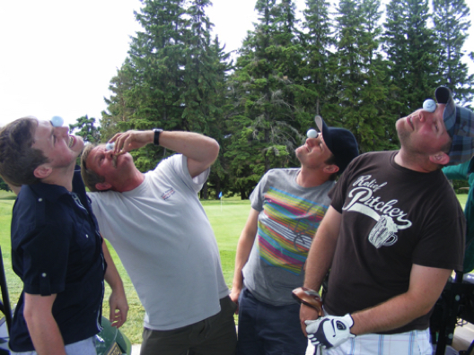 Brothers Mike (Toronto), Graham (Walkerton) and Robin Taylor and Colin Pybus (Toronto) keep their "eyes in the ball"  in prepatation for the Back for the Future golf scramble. The foursome birdied hole #6 twice, with Graham winning closest to the pin, enroute to shooting 69 (-3) and a tie for 4th spot in the Back for the Future golf tourney.